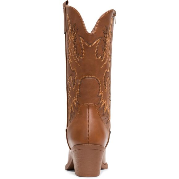 Women's Brown Embroidery Western Cowgirl Boots Pull On Pointy Toe Mid Calf - Picture 5 of 7